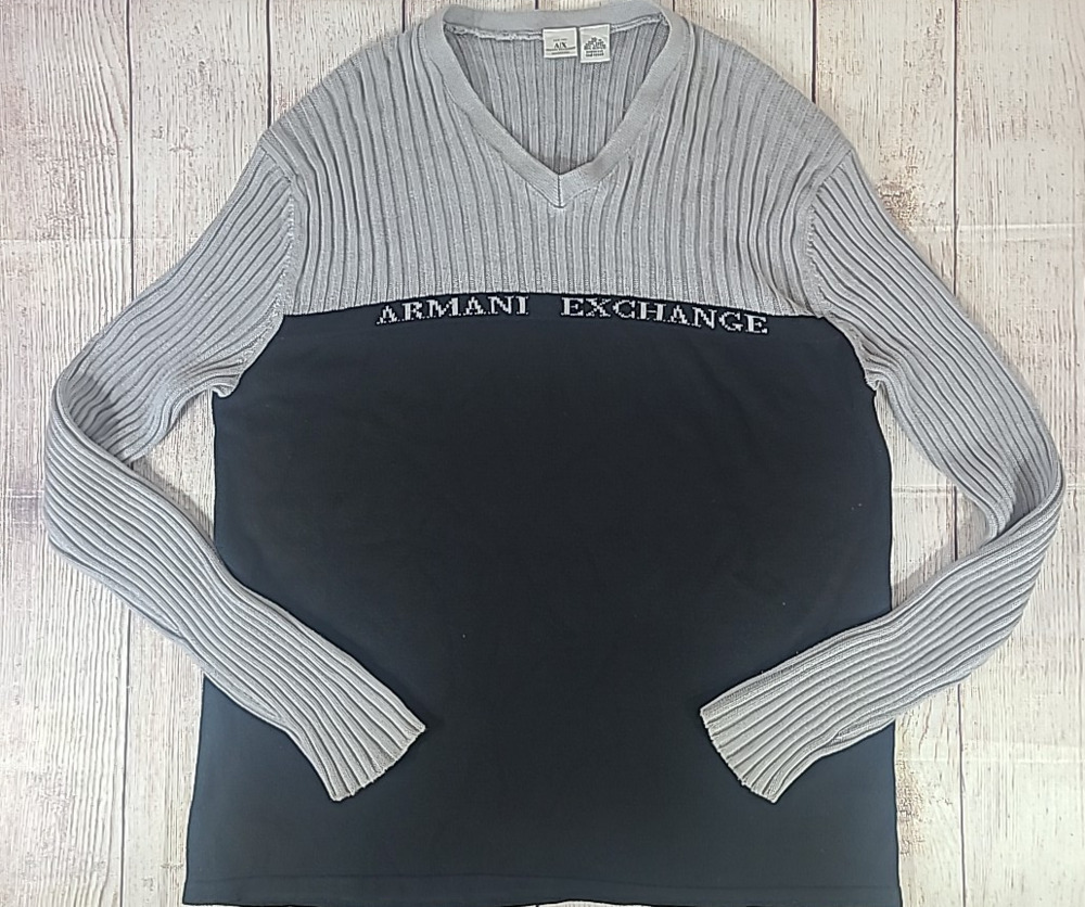 Armani Exchange Pullover V-Neck Sweater Men's Women's XL Gray Black Colorblock